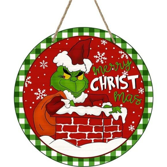 Merry Christmas Sign for Front Door Decor, Green Xmas Holiday Wood Door Hanger - Picture 1 of 7